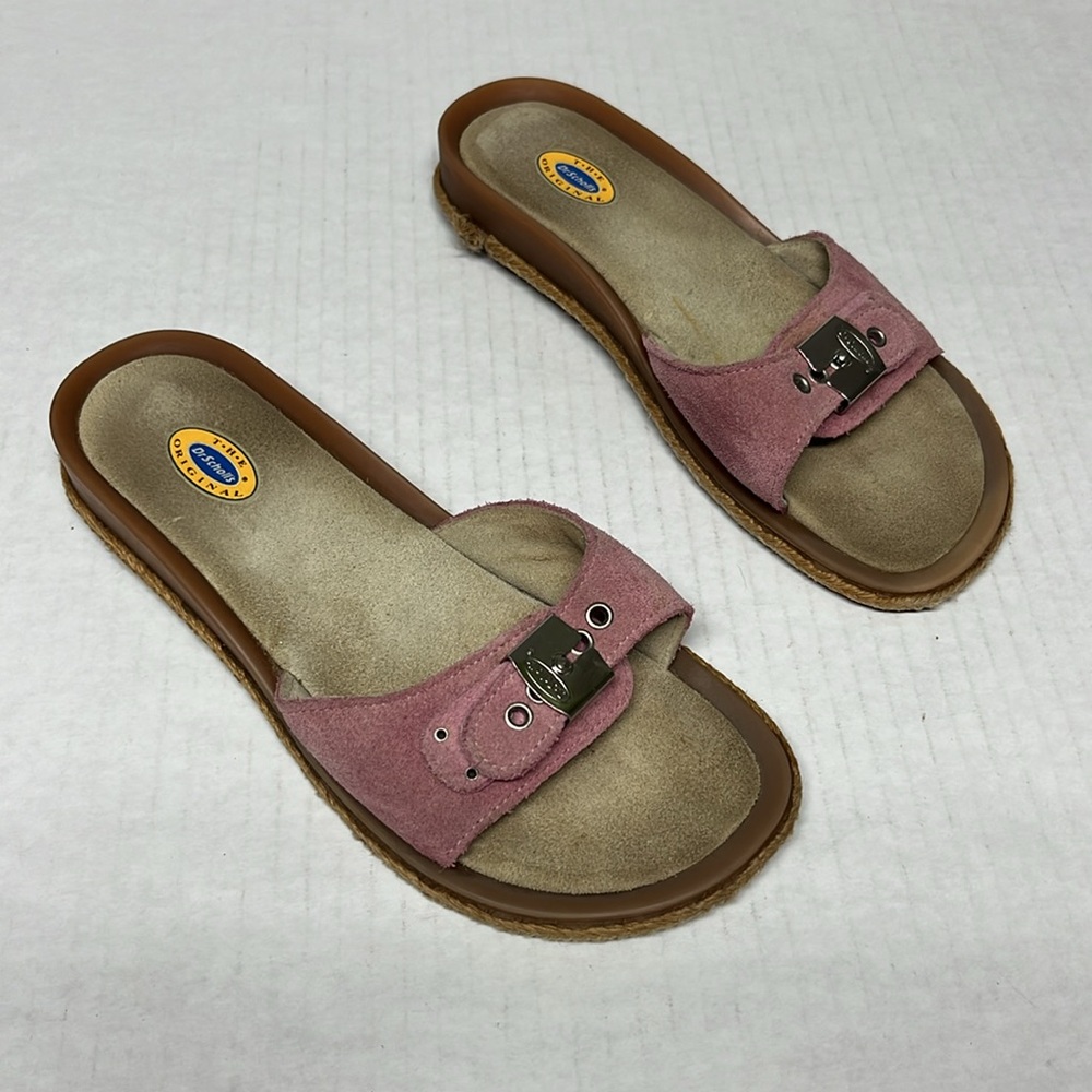 Heaven Dr. Scholl’s Pink Suede buckle Espadrille Slides Vintage Y2K Sandals sz 6 - Picture 4 of 12